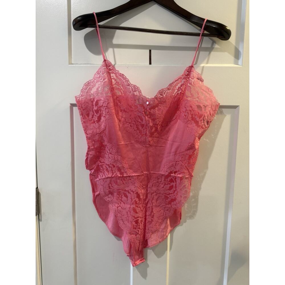 80's Vassarette Pink Shiny Nylon Lace Lingerie High Cut Bodysuit Teddy Large